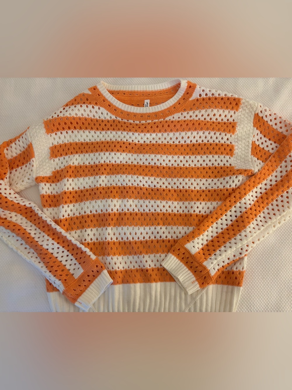 ePretty Orange & White Open-Knit Crewneck Sweater